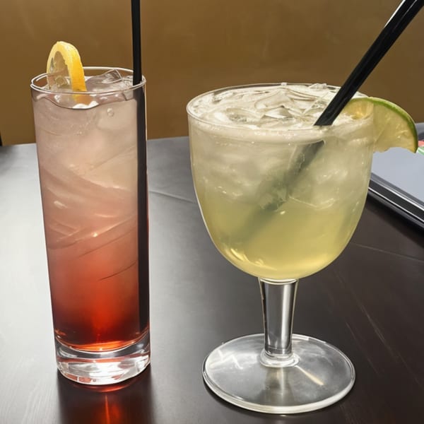 Two refreshing cocktails, one red with a lemon, one yellow with a lime, on a dark table.