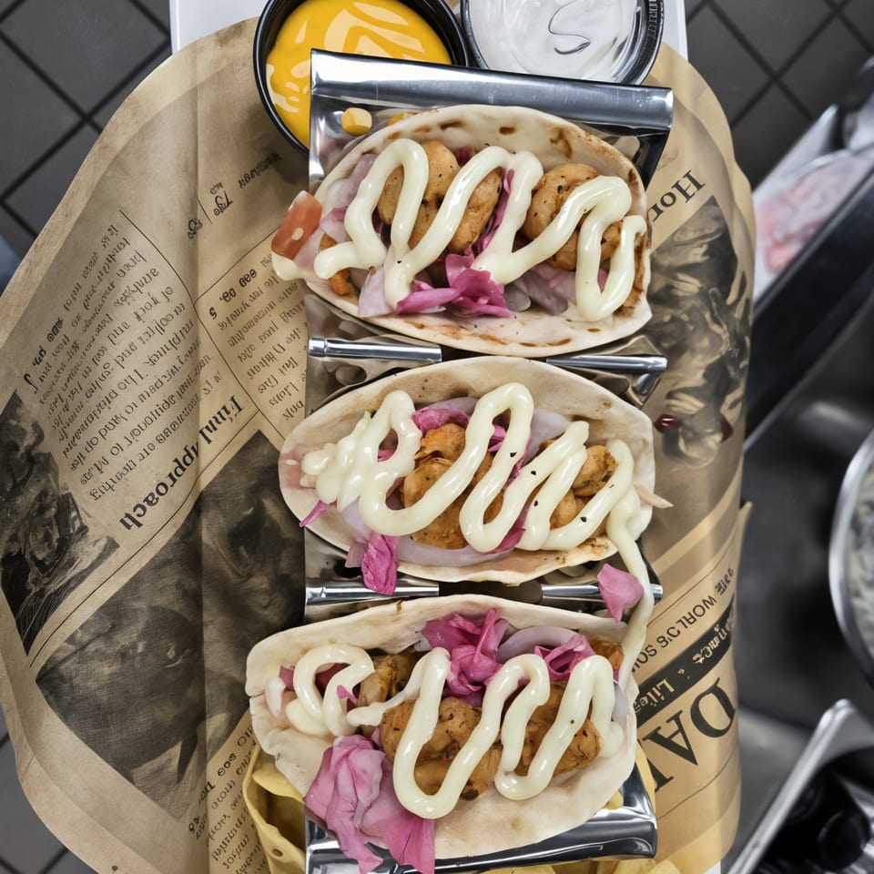 Three American-style tacos with fried chicken, red cabbage, and white sauce, served on newspaper.